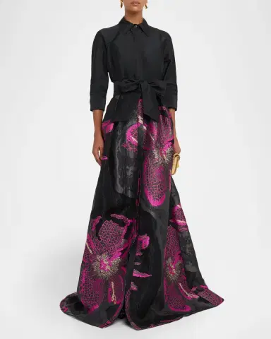 Rickie Freeman for Teri Jon Metallic Floral Jacquard Shirt Gown | Thumbnail 2