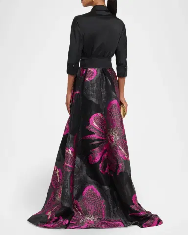 Rickie Freeman for Teri Jon Metallic Floral Jacquard Shirt Gown | Thumbnail 3