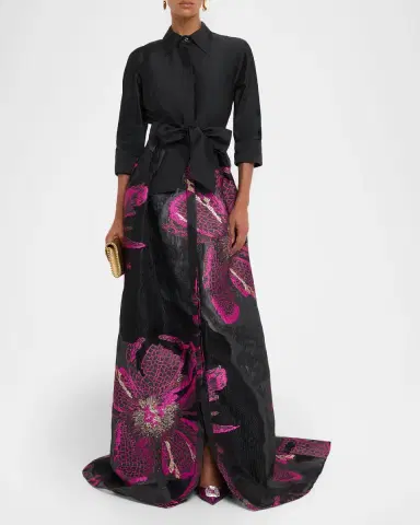 Rickie Freeman for Teri Jon Metallic Floral Jacquard Shirt Gown | Thumbnail 4