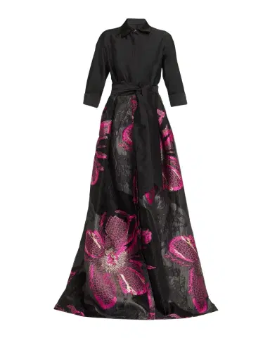 Rickie Freeman for Teri Jon Metallic Floral Jacquard Shirt Gown | Thumbnail 1