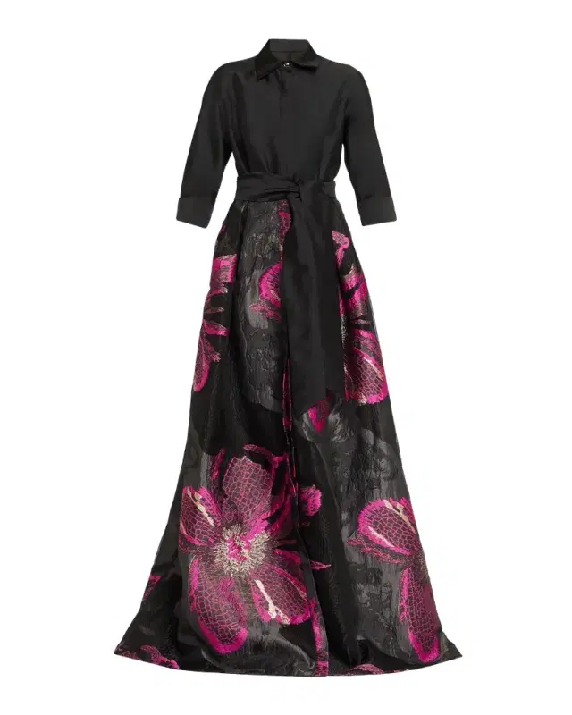 Rickie Freeman for Teri Jon Metallic Floral Jacquard Shirt Gown