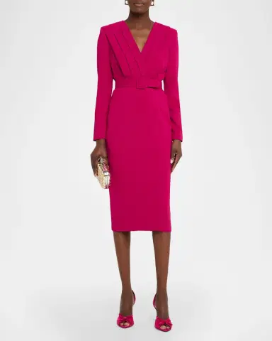 Badgley Mischka Stretch Crepe Belted V-Neck Midi-Dress | Thumbnail 2 Badgley Mischka Stretch Crepe Belted V-Neck Midi-Dress | Thumbnail 2