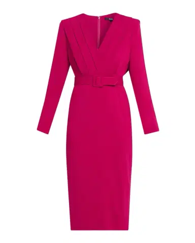 Badgley Mischka Stretch Crepe Belted V-Neck Midi-Dress | Thumbnail 1 Badgley Mischka Stretch Crepe Belted V-Neck Midi-Dress | Thumbnail 1