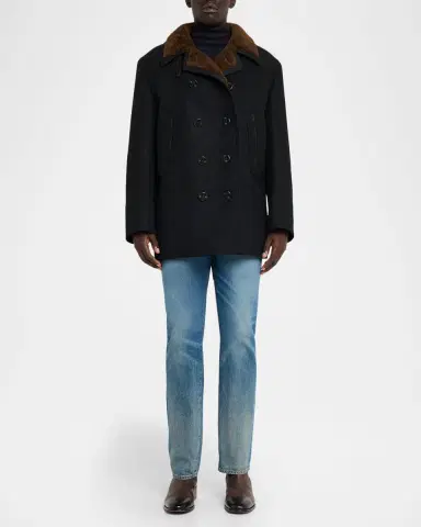 Tom Ford Men's Melton Wool Shearling Double-Breasted Peacoat | Thumbnail 2
