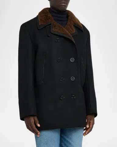 Tom Ford Men's Melton Wool Shearling Double-Breasted Peacoat | Thumbnail 4