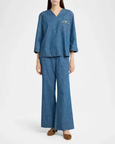 Valentino Garavani V-Logo Denim 3/4-Sleeve Shirt | Thumbnail 2