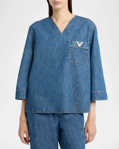 Valentino Garavani V-Logo Denim 3/4-Sleeve Shirt | Thumbnail 4