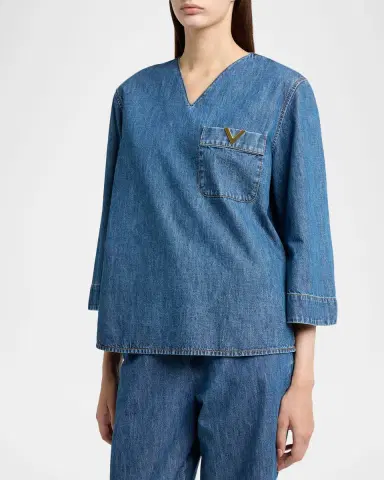 Valentino Garavani V-Logo Denim 3/4-Sleeve Shirt | Thumbnail 5