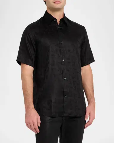 Emporio Armani Men's Tonal Chevron Lyocell Short-Sleeve Shirt | Thumbnail 4