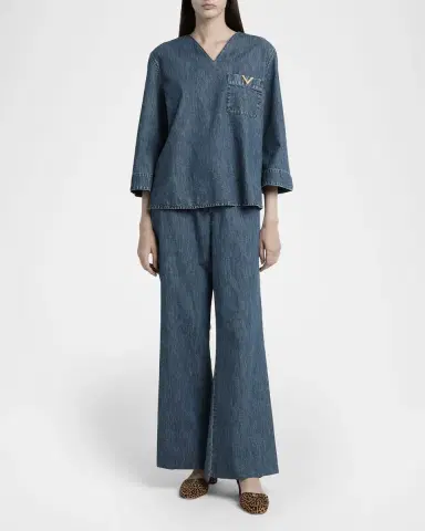 Valentino Garavani V-Logo Denim Flare Drawstring Pants | Thumbnail 2 Valentino Garavani V-Logo Denim Flare Drawstring Pants | Thumbnail 2