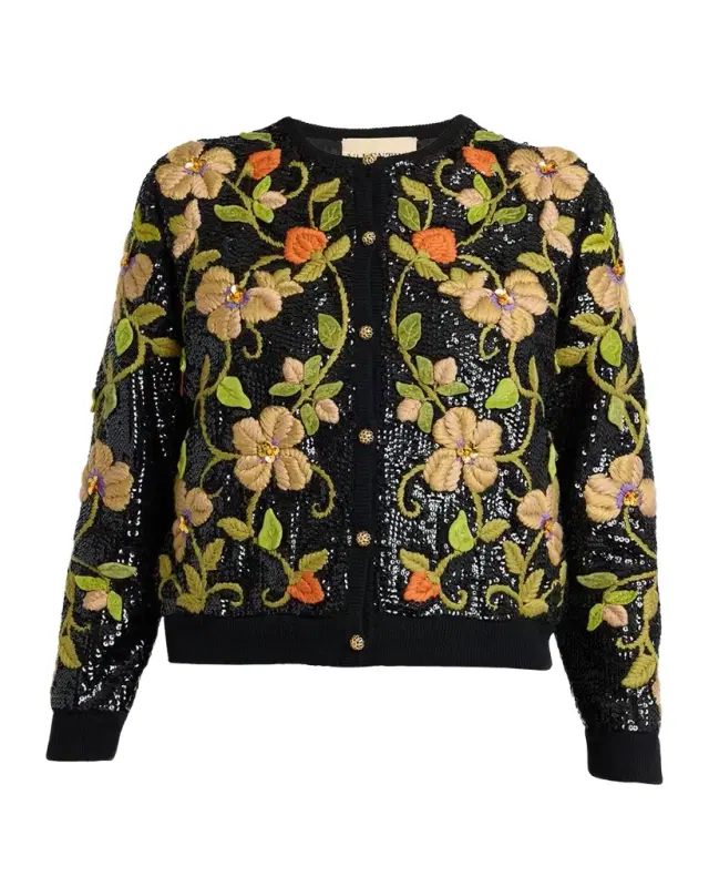 Valentino Garavani Sequined Floral Embroidered Crewneck Cardigan