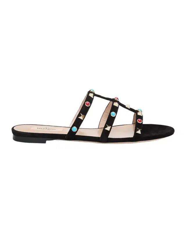 Valentino Garavani Rockstud Suede Flat Slide Sandals
