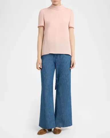 Valentino Garavani Mock-Neck Short-Sleeve Silk Top | Thumbnail 2 Valentino Garavani Mock-Neck Short-Sleeve Silk Top | Thumbnail 2