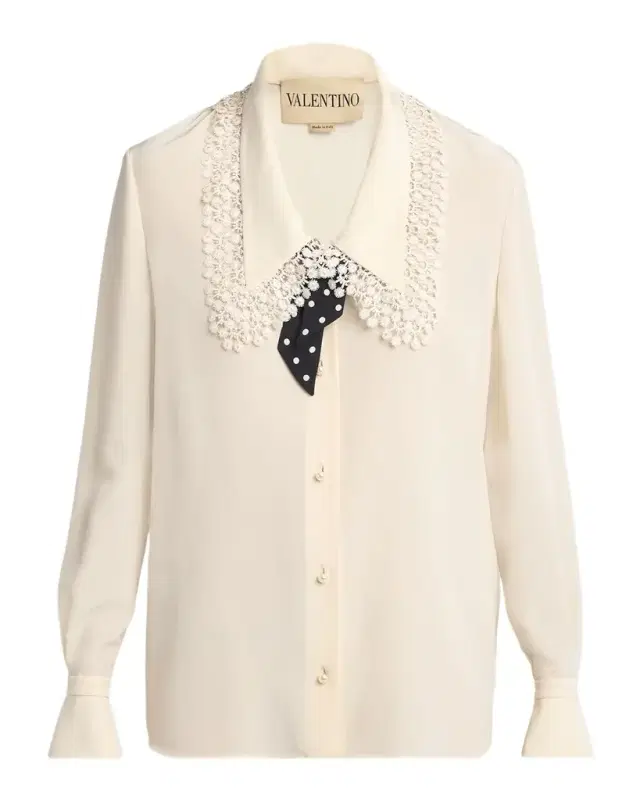 Valentino Garavani Lace-Trim Button-Down Silk Blouse With Polkadot Tie