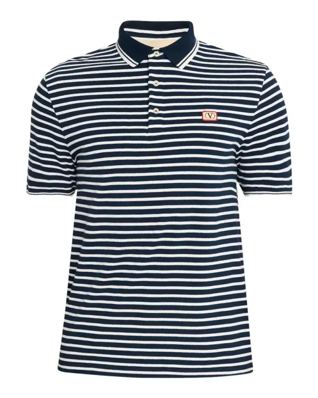 Men 's Stripe Cotton Pique Polo Shirt with VLogo Patch