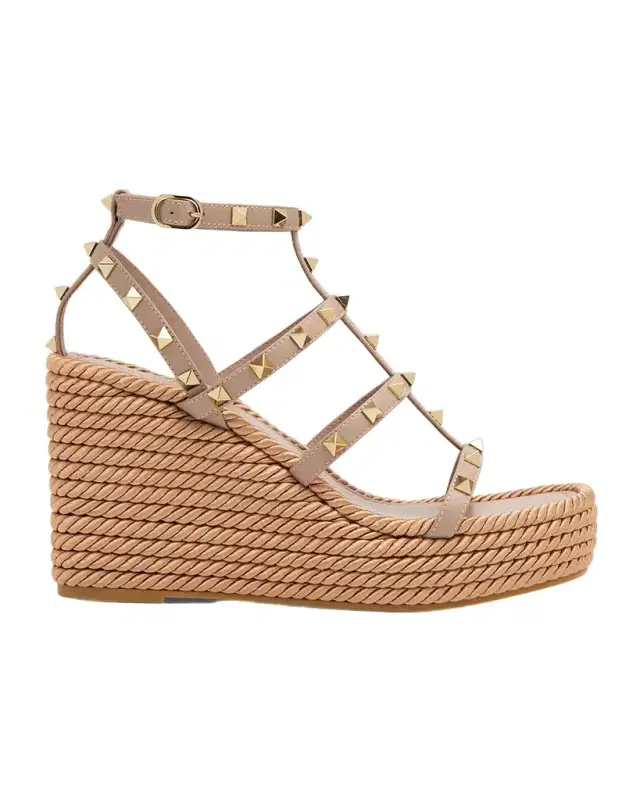 Valentino Garavani 95mm Rockstud Leather Wedge Espadrille Sandals
