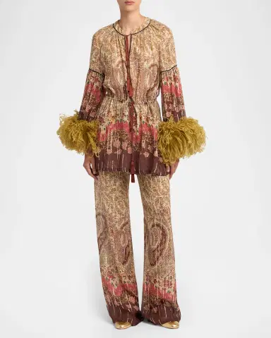 Valentino Garavani Paisley Metallic Silk Straight-Leg Pull-On Pants | Thumbnail 2 Valentino Garavani Paisley Metallic Silk Straight-Leg Pull-On Pants | Thumbnail 2