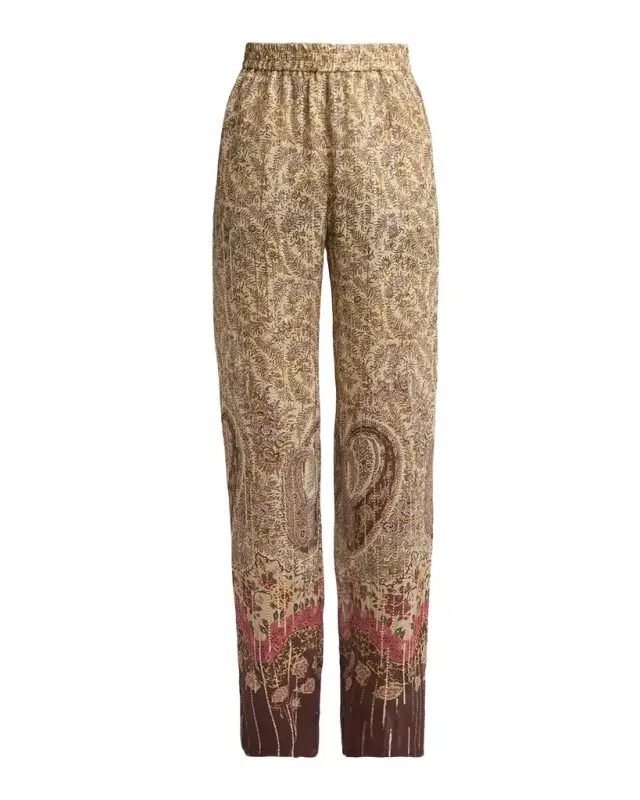 Paisley Metallic Silk Straight-Leg Pull-On Pants