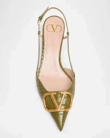 Valentino Garavani 40mm VLogo Signature Croc-Embossed Leather Slingback Pumps | Thumbnail 4