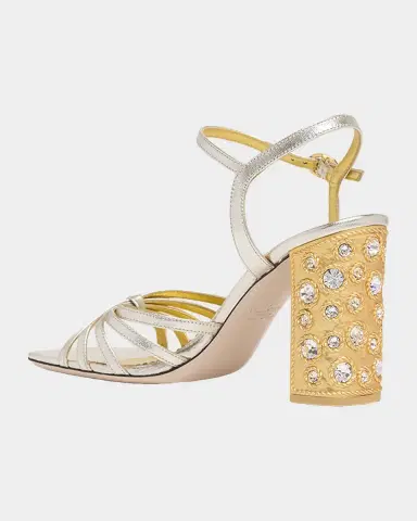 Valentino Garavani 90mm Valenti Embellished-Heel Metallic Leather Sandals | Thumbnail 2 Valentino Garavani 90mm Valenti Embellished-Heel Metallic Leather Sandals | Thumbnail 2