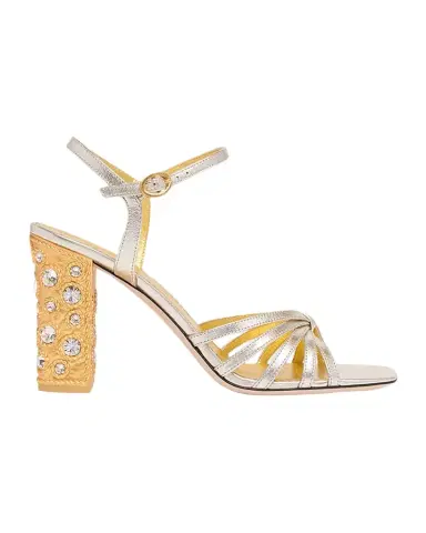 Valentino Garavani 90mm Valenti Embellished-Heel Metallic Leather Sandals | Thumbnail 1 Valentino Garavani 90mm Valenti Embellished-Heel Metallic Leather Sandals | Thumbnail 1