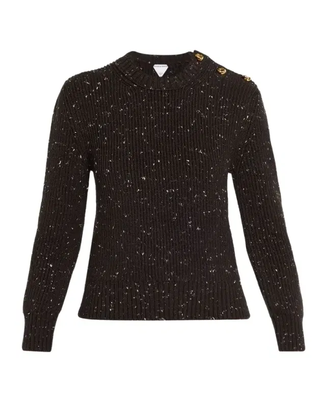 Button-Shoulder Speckled Rib Crewneck Sweater