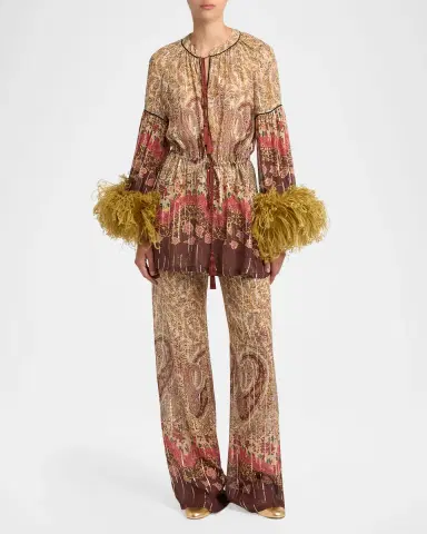 Valentino Garavani Flare-Sleeve Metallic Paisley Silk Top With Feather Trim | Thumbnail 2 Valentino Garavani Flare-Sleeve Metallic Paisley Silk Top With Feather Trim | Thumbnail 2