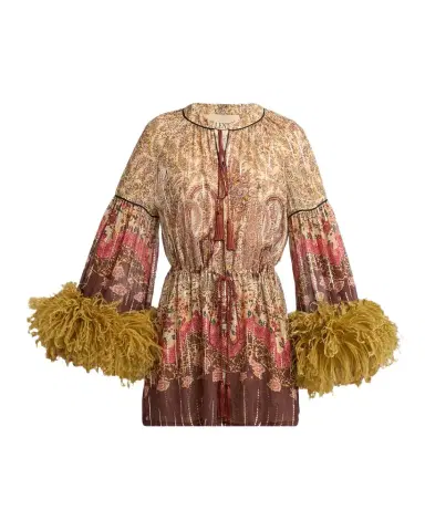 Valentino Garavani Flare-Sleeve Metallic Paisley Silk Top With Feather Trim | Thumbnail 1 Valentino Garavani Flare-Sleeve Metallic Paisley Silk Top With Feather Trim | Thumbnail 1