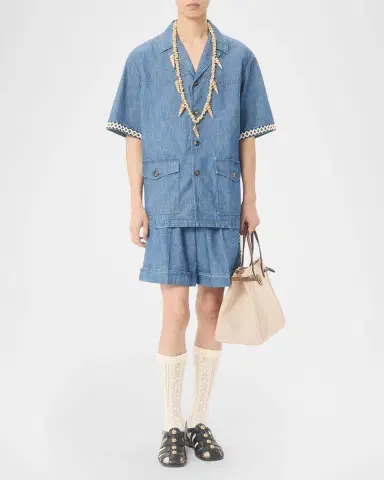 Valentino Garavani Men's Denim Embroidered-Trim Short-Sleeve Shirt | Thumbnail 2 Valentino Garavani Men's Denim Embroidered-Trim Short-Sleeve Shirt | Thumbnail 2