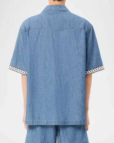 Valentino Garavani Men's Denim Embroidered-Trim Short-Sleeve Shirt | Thumbnail 3 Valentino Garavani Men's Denim Embroidered-Trim Short-Sleeve Shirt | Thumbnail 3