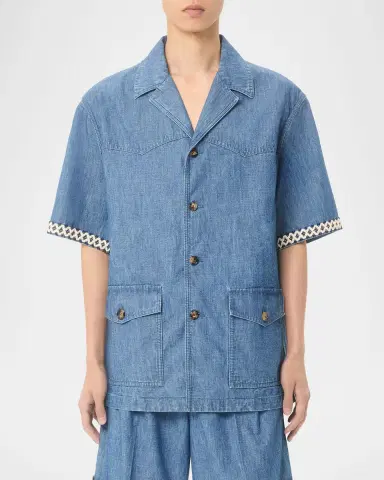 Valentino Garavani Men's Denim Embroidered-Trim Short-Sleeve Shirt | Thumbnail 4 Valentino Garavani Men's Denim Embroidered-Trim Short-Sleeve Shirt | Thumbnail 4