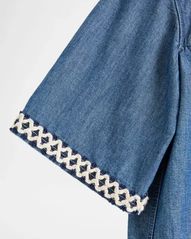 Valentino Garavani Men's Denim Embroidered-Trim Short-Sleeve Shirt | Thumbnail 7 Valentino Garavani Men's Denim Embroidered-Trim Short-Sleeve Shirt | Thumbnail 7
