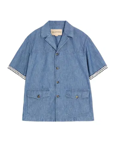 Valentino Garavani Men's Denim Embroidered-Trim Short-Sleeve Shirt | Thumbnail 1 Valentino Garavani Men's Denim Embroidered-Trim Short-Sleeve Shirt | Thumbnail 1