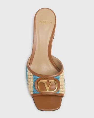 Valentino Garavani 60mm VLogo Signature Striped Raffia and Leather Mule Sandals | Thumbnail 4