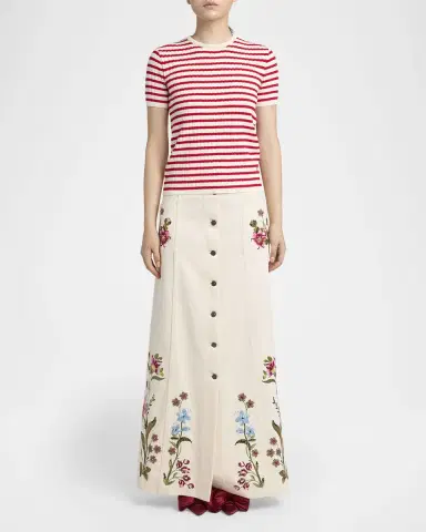 Valentino Garavani Floral Embroidered Denim Button-Front Maxi Skirt | Thumbnail 2 Valentino Garavani Floral Embroidered Denim Button-Front Maxi Skirt | Thumbnail 2