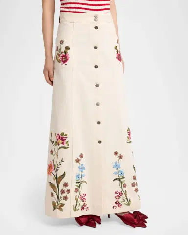 Valentino Garavani Floral Embroidered Denim Button-Front Maxi Skirt | Thumbnail 4 Valentino Garavani Floral Embroidered Denim Button-Front Maxi Skirt | Thumbnail 4