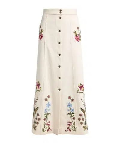 Valentino Garavani Floral Embroidered Denim Button-Front Maxi Skirt | Thumbnail 1 Valentino Garavani Floral Embroidered Denim Button-Front Maxi Skirt | Thumbnail 1