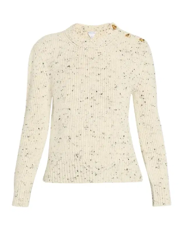 Button-Shoulder Speckled Rib Crewneck Sweater