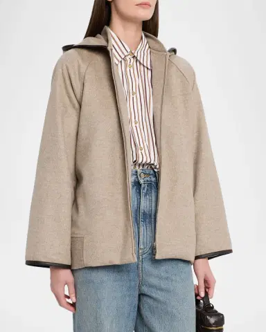 Bottega Veneta Leather-Trim Brushed Wool Hooded Jacket | Thumbnail 4 Bottega Veneta Leather-Trim Brushed Wool Hooded Jacket | Thumbnail 4