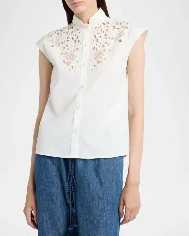 Valentino Garavani Broderie Anglaise Cap-Sleeve Button-Down Shirt | Thumbnail 4 Valentino Garavani Broderie Anglaise Cap-Sleeve Button-Down Shirt | Thumbnail 4