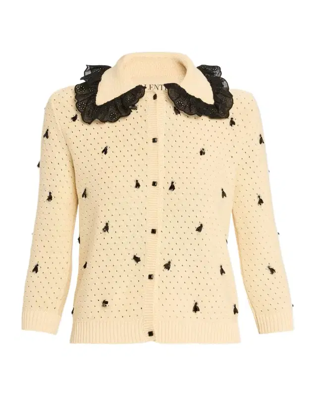 Valentino Garavani Pointelle Micro Tassel Ruffled Cardigan