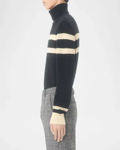 Valentino Garavani Men's Wool High-Neck Stripe Turtleneck Sweater with Vlogo Embroidery | Thumbnail 6 Valentino Garavani Men's Wool High-Neck Stripe Turtleneck Sweater with Vlogo Embroidery | Thumbnail 6