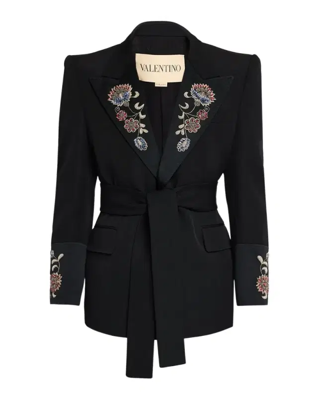 Men 's Embroidered Grain De Poudre Wool Belted Jacket