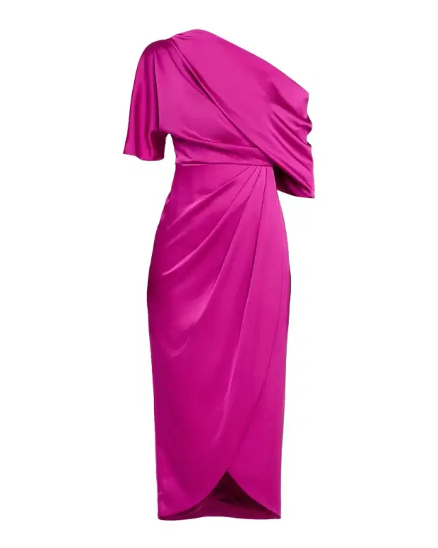 Theia Rayna Draped One-Shoulder High-Low Gown