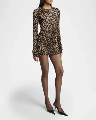 Saint Laurent Leopard-Print Ruched Long-Sleeve Mini Dress | Thumbnail 4