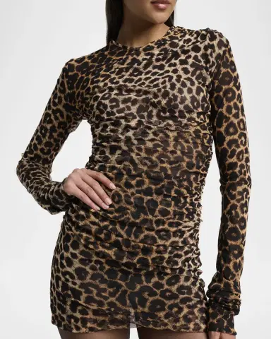 Saint Laurent Leopard-Print Ruched Long-Sleeve Mini Dress | Thumbnail 5