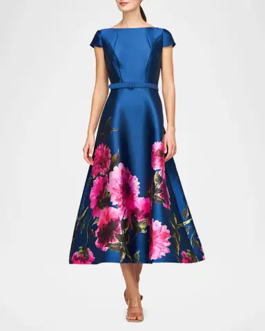 Kay Unger New York Ina Belted Tea-Length Floral Mikado Dress | Thumbnail 2 Kay Unger New York Ina Belted Tea-Length Floral Mikado Dress | Thumbnail 2