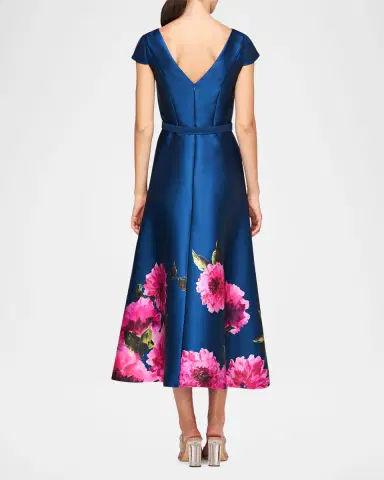 Kay Unger New York Ina Belted Tea-Length Floral Mikado Dress | Thumbnail 3 Kay Unger New York Ina Belted Tea-Length Floral Mikado Dress | Thumbnail 3