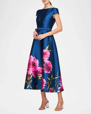 Kay Unger New York Ina Belted Tea-Length Floral Mikado Dress | Thumbnail 4 Kay Unger New York Ina Belted Tea-Length Floral Mikado Dress | Thumbnail 4