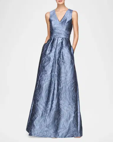 Kay Unger New York Mariah V-Neck Sleeveless Jacquard A-Line Gown | Thumbnail 2